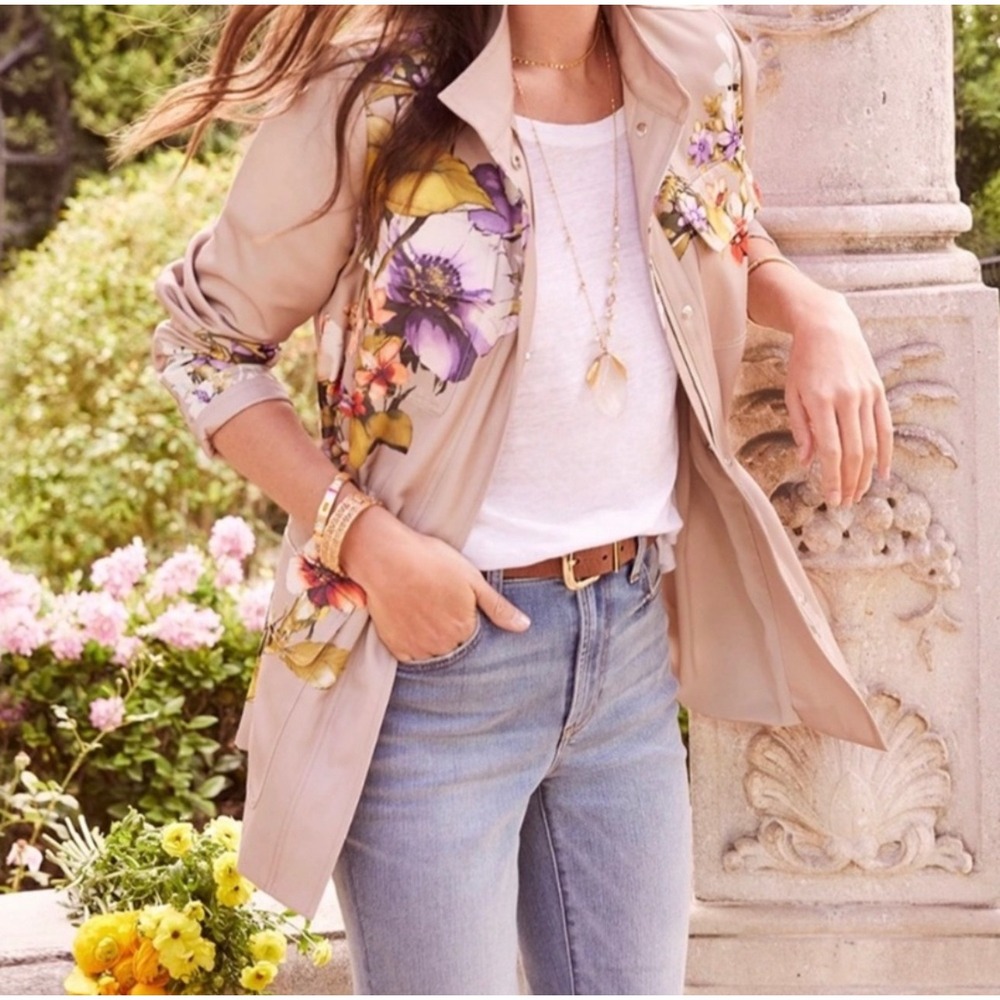 Chico's Beige Utility Jacket with Floral Accents